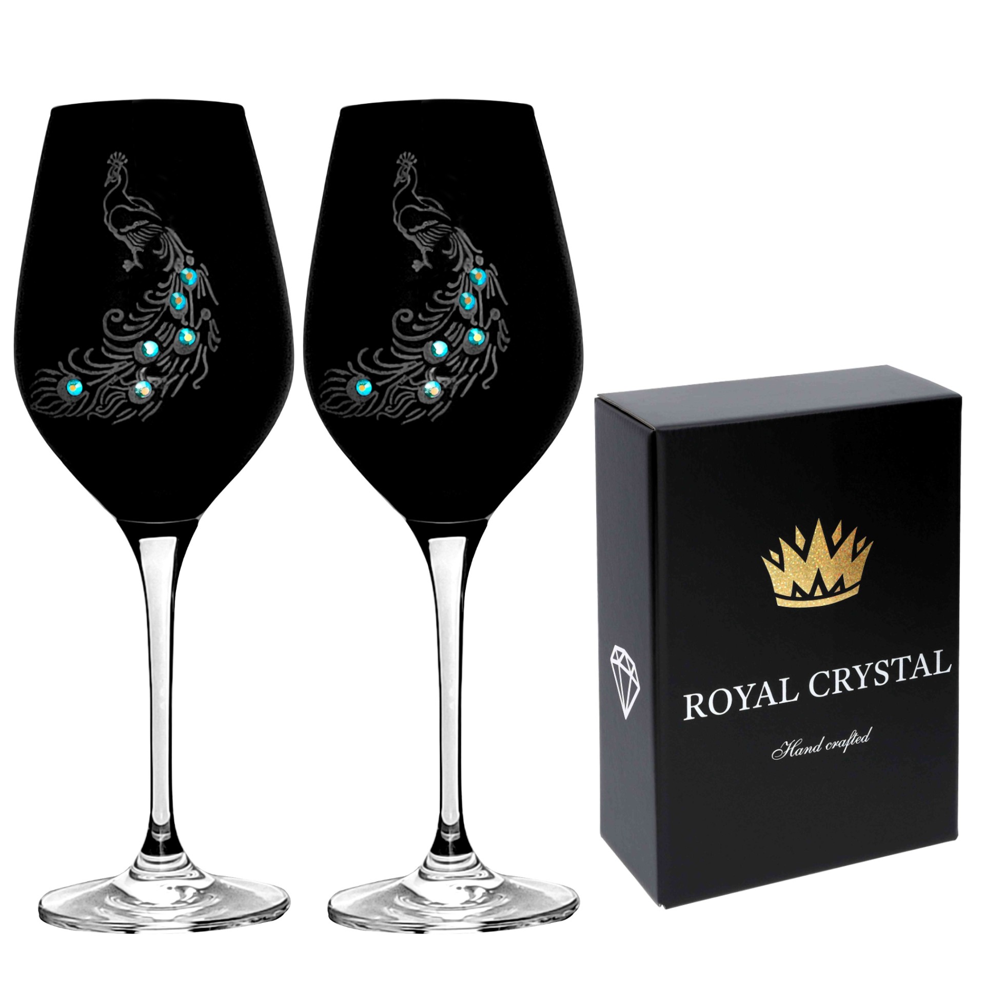 Kalichy na víno BLACK 360ml Peacock (PÁV) Green Crystals (2KS)