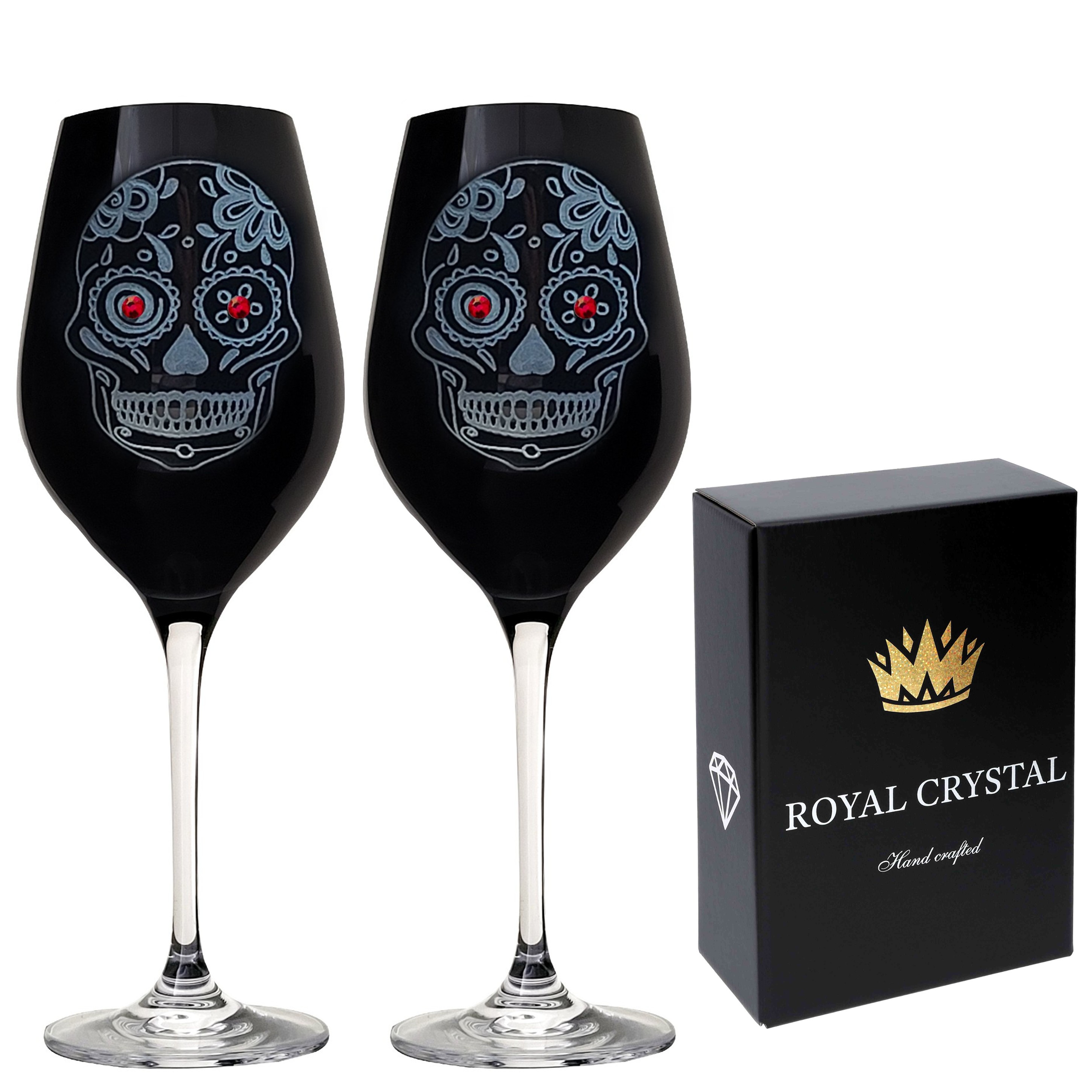 Kalichy na víno 360ml BLACK SKULL (LEBKA) red Crystals (2KS)