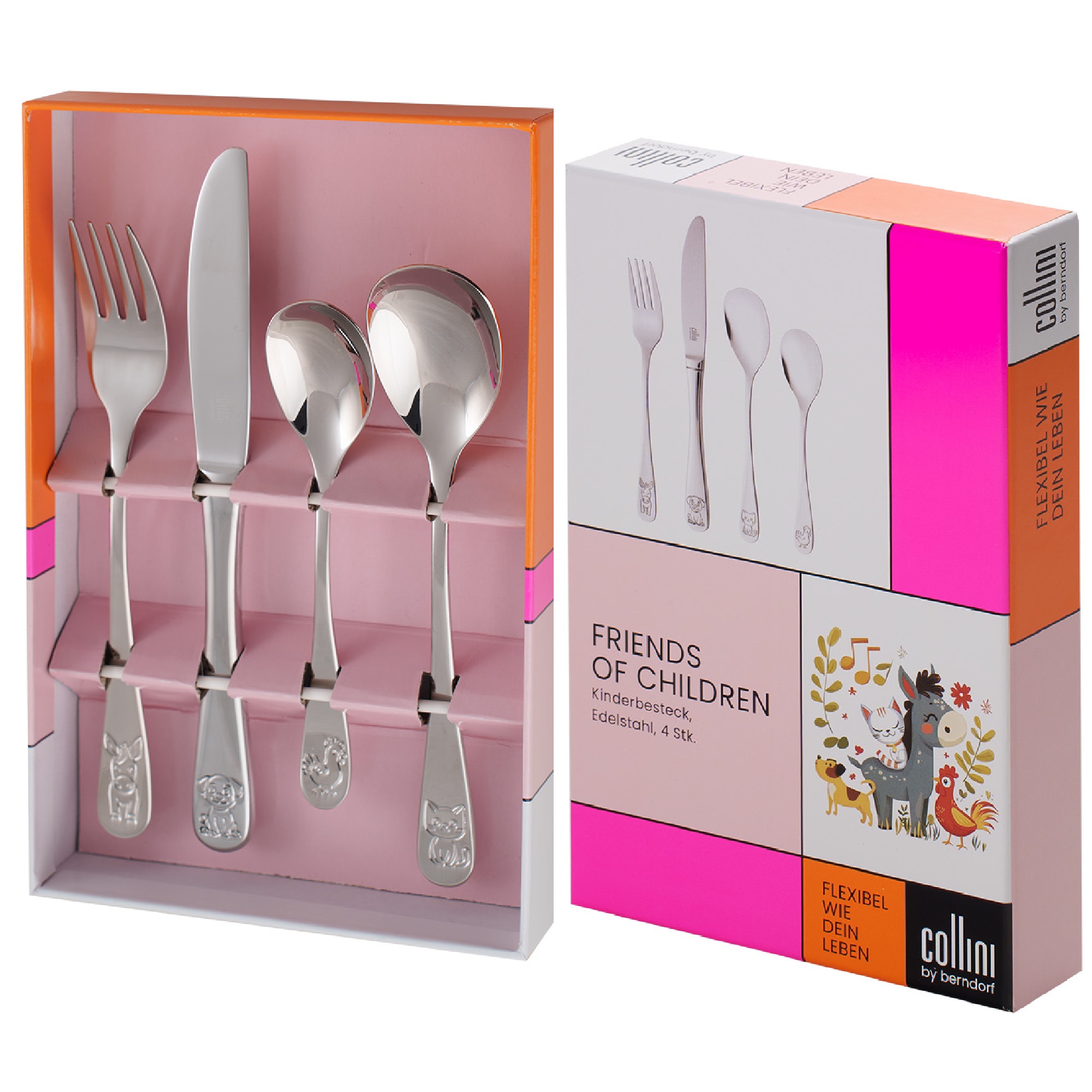 Detský príbor s motívom zvierat 4dielny v ružovej krabičke