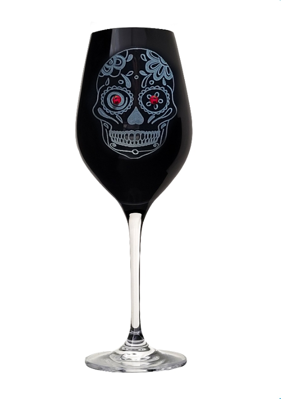 Kalichy na víno 360ml BLACK SKULL (LEBKA) red Crystals (2KS)
