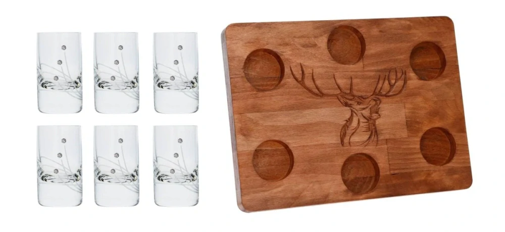 SET Drevená doska DEER + poháre Spirit 30538 Swarovski Crystals (1+6KS)