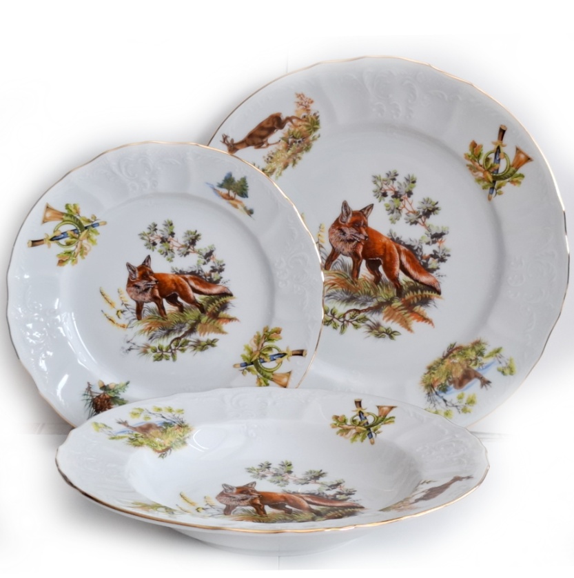 BERNADOTTE 18D tanierová súprava s poľovníckym motívom a zlatou linkou
