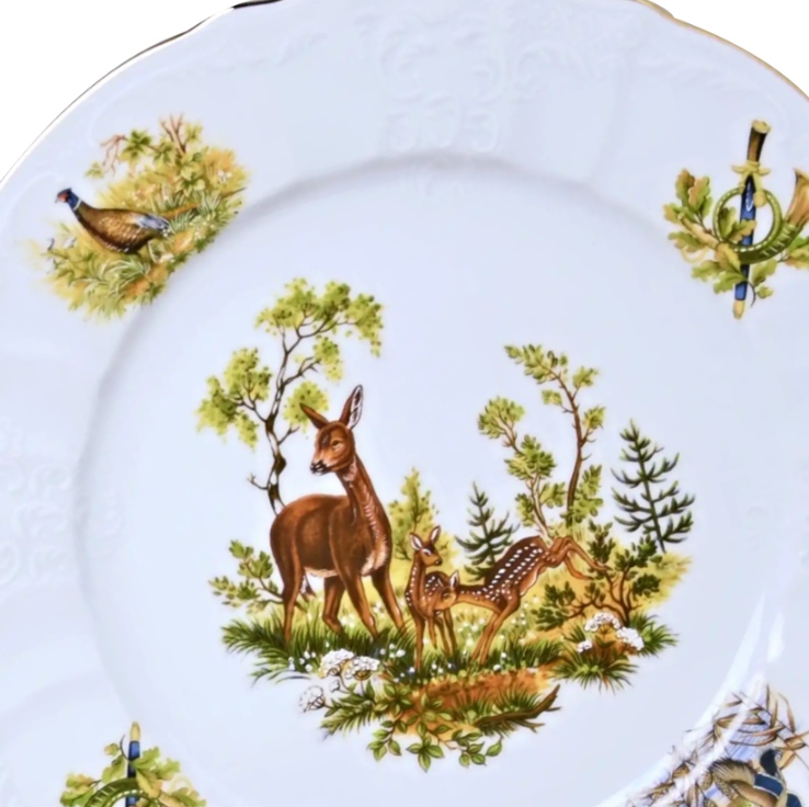 BERNADOTTE 18D tanierová súprava s poľovníckym motívom a zlatou linkou